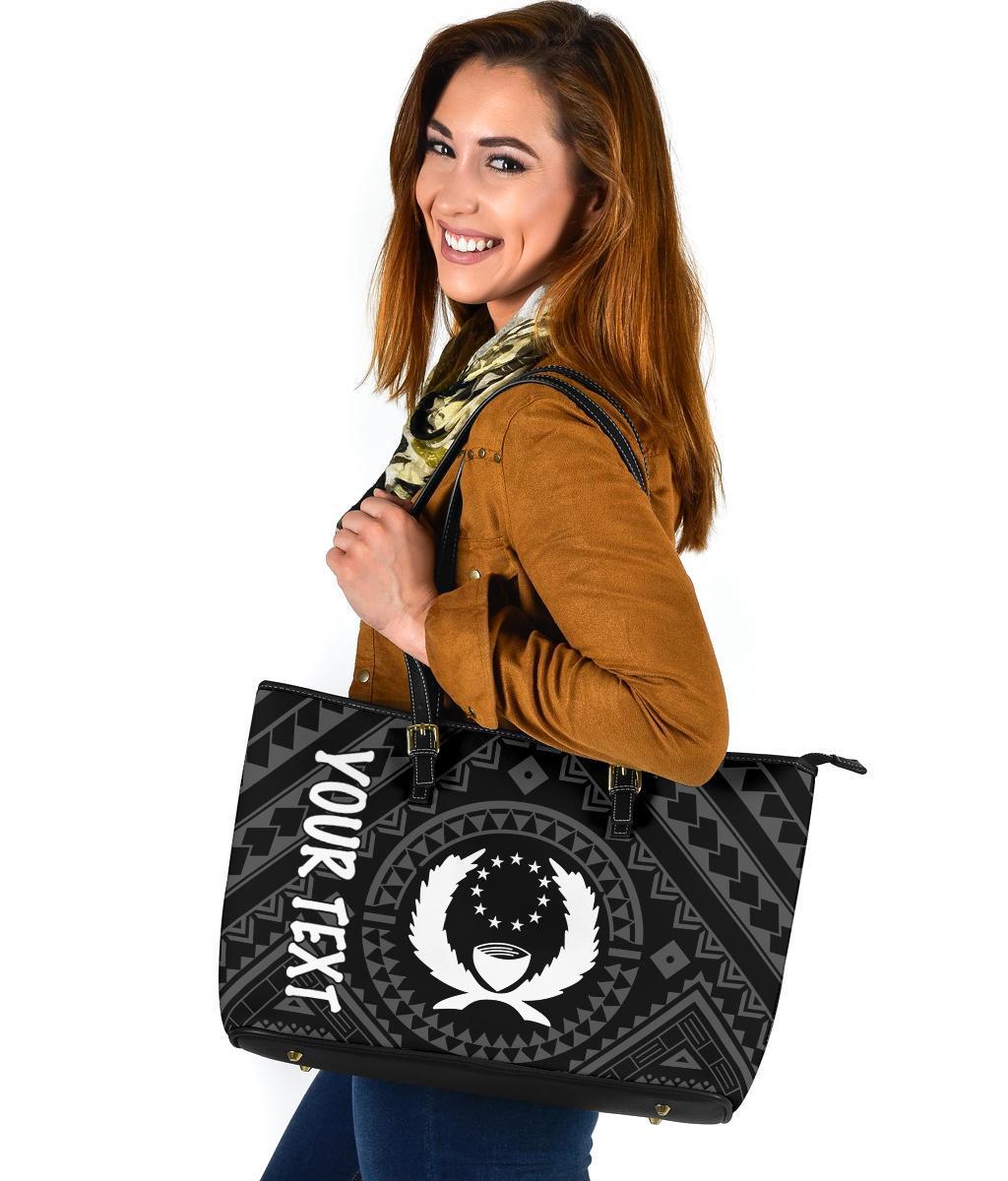 Pohnpei Personalised Leather Tote Bag - Pohnpei Seal With Polynesian Tattoo Style ( Black) - Polynesian Pride