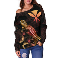 Hawaii Polynesian Women's Off Shoulder Sweater - Turtle With Blooming Hibiscus Gold - Polynesian Pride