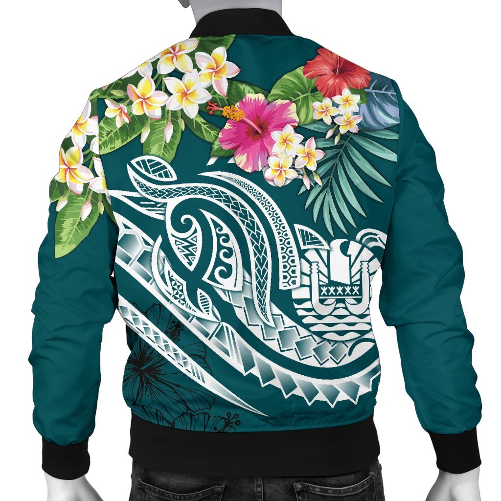 Tahiti Polynesian Men's Bomber Jacket - Summer Plumeria (Turquoise) - Polynesian Pride