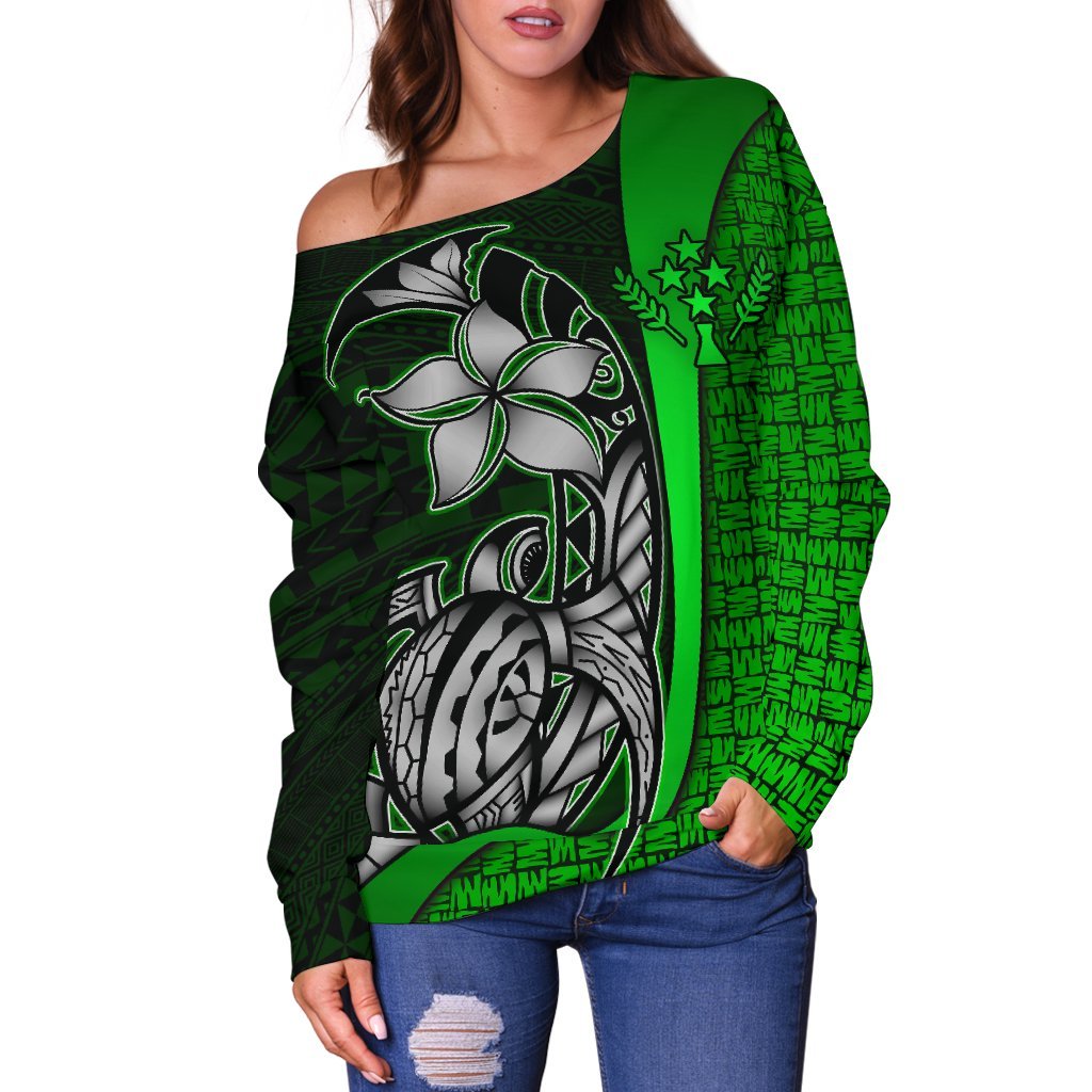 Kosrae Micronesia Women Off Shoulder Sweater Green - Turtle With Hook - Polynesian Pride