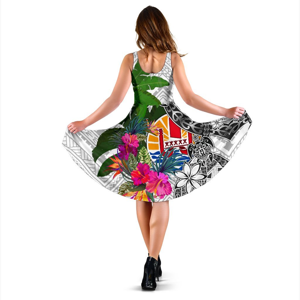 Tahiti Midi Dress White - Turtle Plumeria Banana Leaf - Polynesian Pride