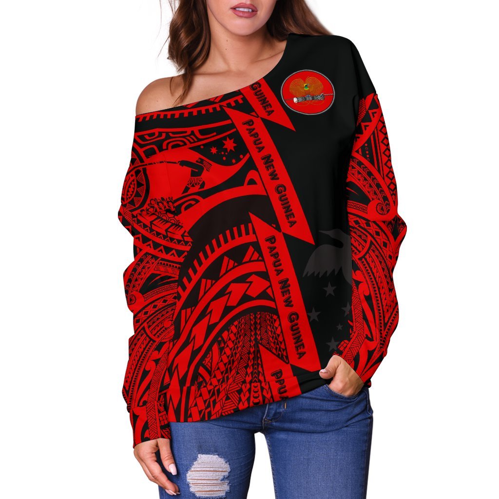 Polynesian Guinea Women's Off Shoulder - Moana Maui Tattoo With Coat Of Arm Guinea Red - Polynesian Pride