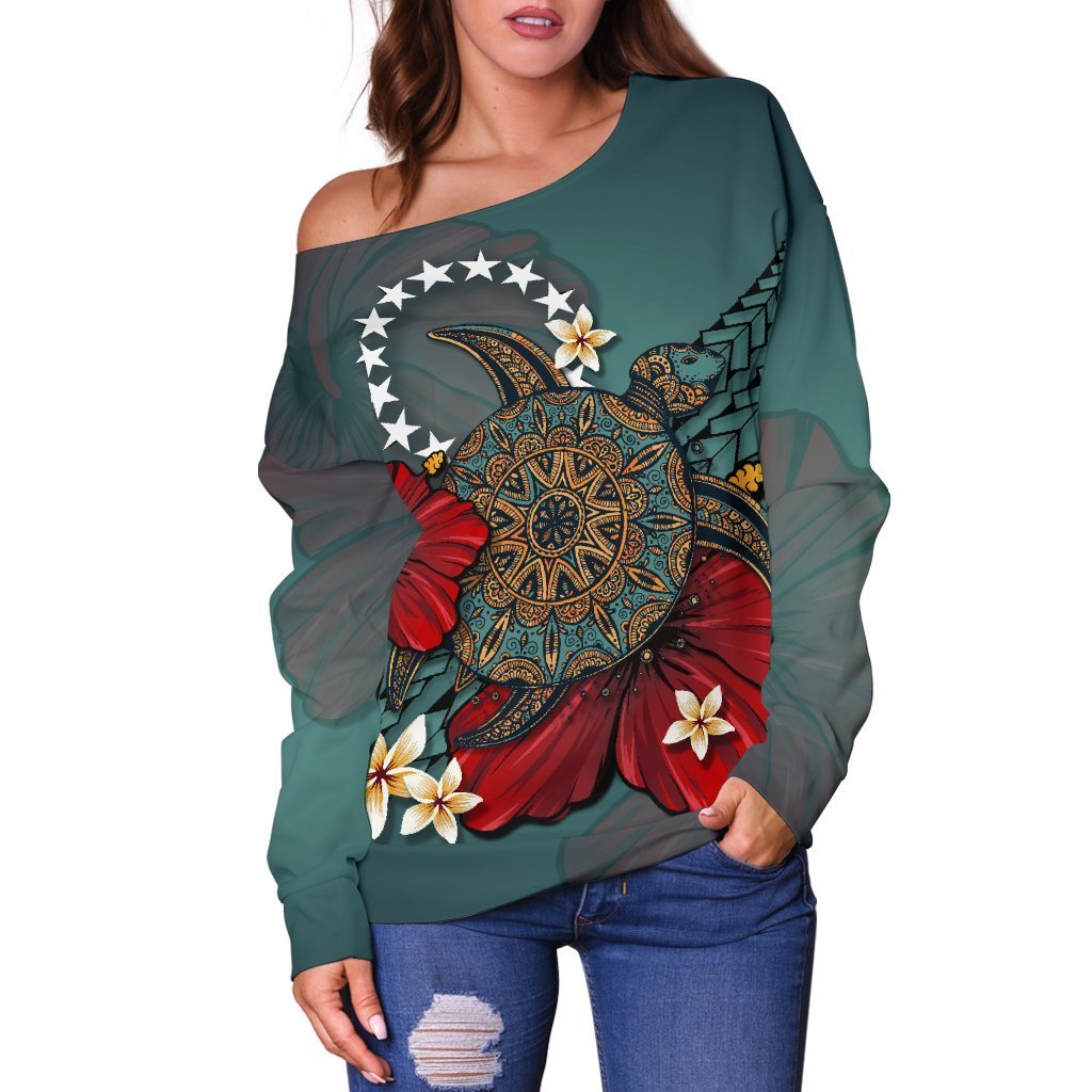 Cook Islands Women's Off Shoulder Sweater - Blue Turtle Tribal - Polynesian Pride