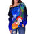 Polynesian Hawaii Custom Personalised Women's Off Shoulder Sweater - Humpback Whale with Tropical Flowers (Blue) - Polynesian Pride