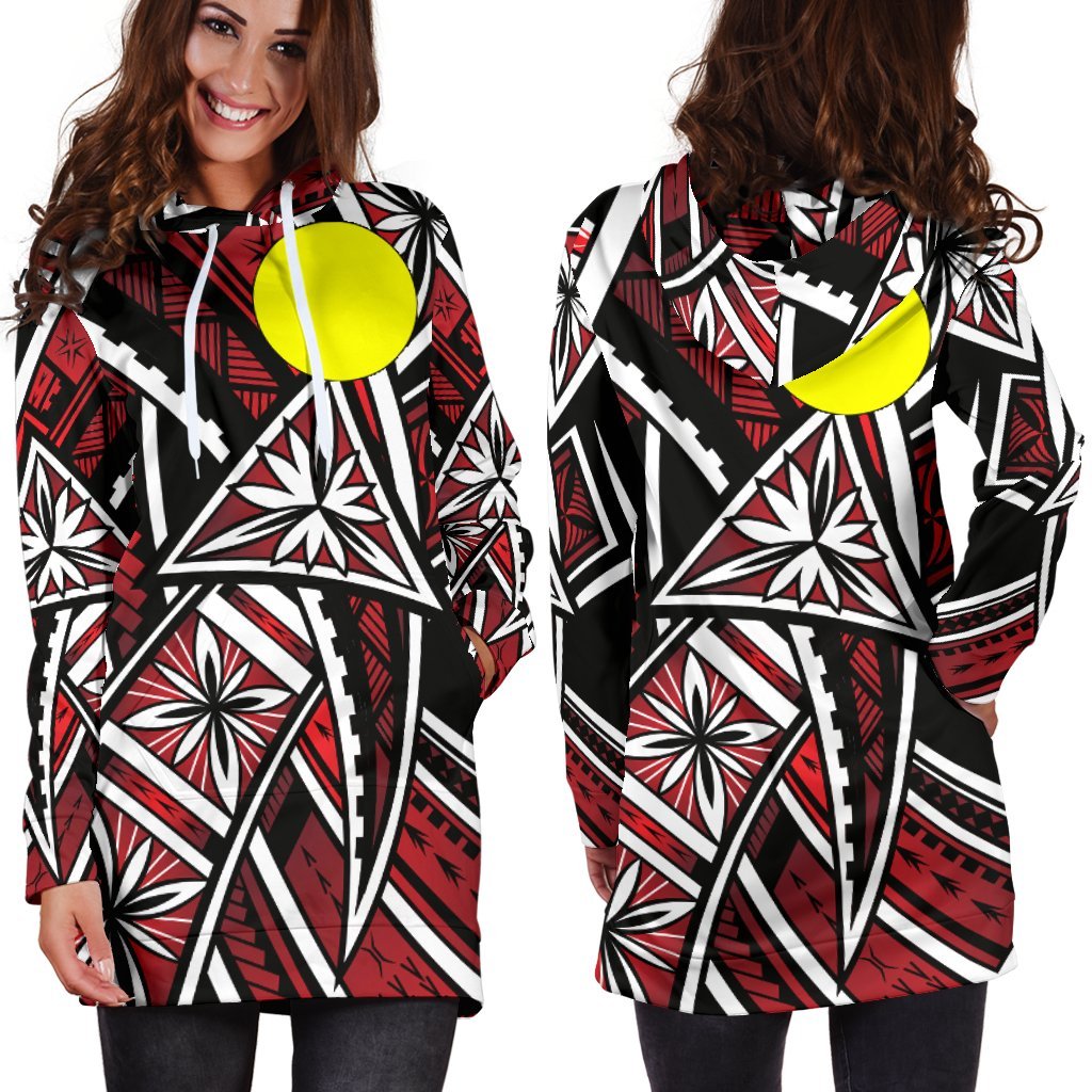 Palau Women's Hoodie Dress - Tribal Flower Special Pattern Red Color Red - Polynesian Pride