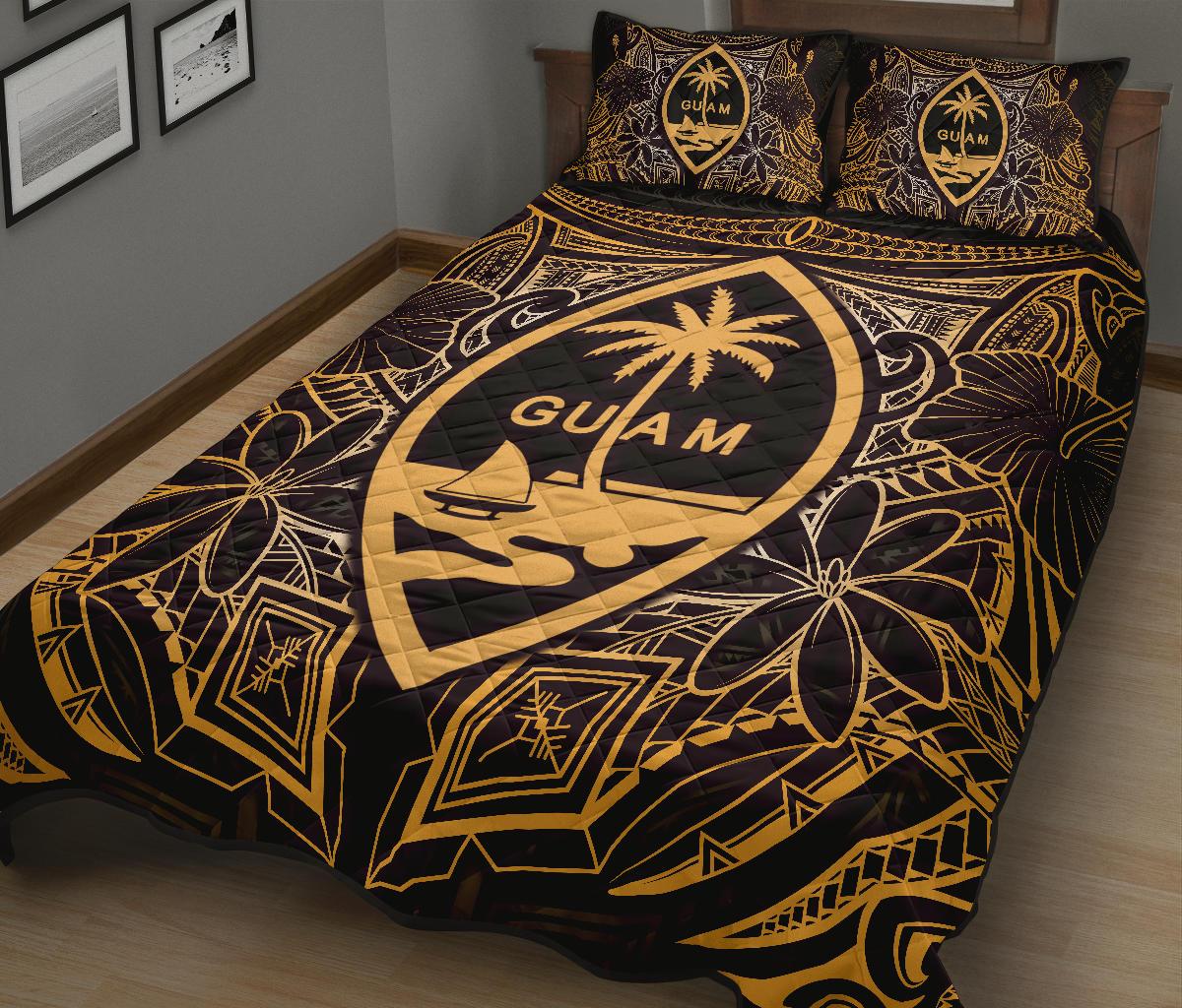 Guam Polynesian Quilt Bed Set - Gold Hibiscus Coat Of Arms - Polynesian Pride