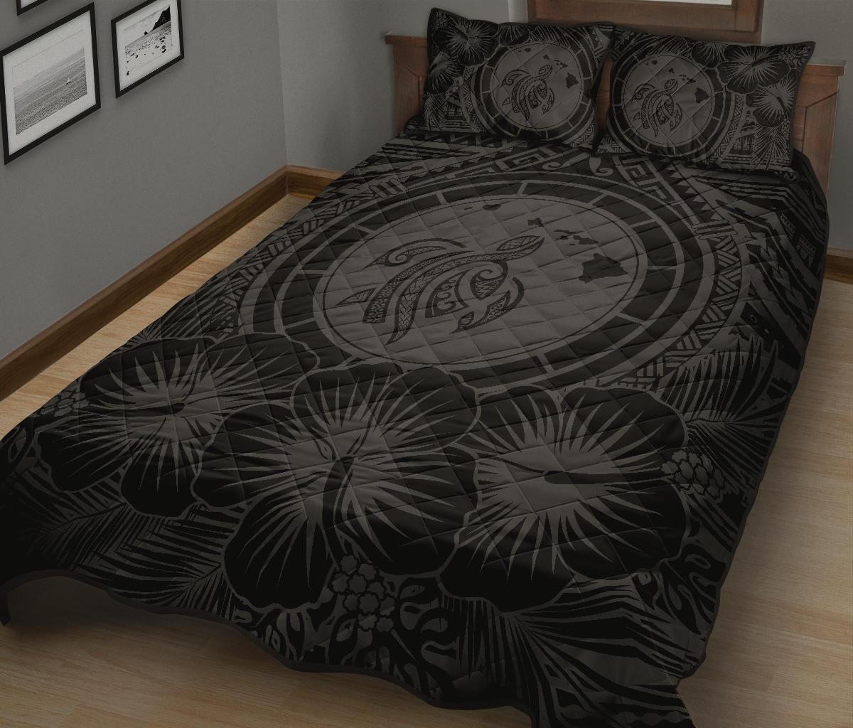 Hawaiian Map Honu Hibiscus Gray Polynesian Quilt Bed Set - Polynesian Pride