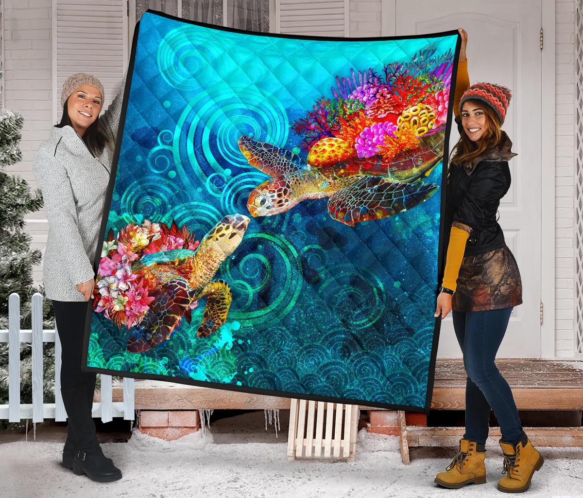 Hawaii Polynesian Premium Quilt - Sea Turtle Coral Treasure - Polynesian Pride