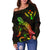 Kosrae Polynesian Women's Off Shoulder Sweater - Turtle With Blooming Hibiscus Reggae - Polynesian Pride