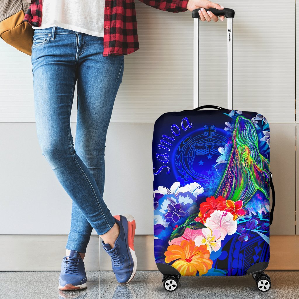 Samoa Luggage Covers - Humpback Whale with Tropical Flowers (Blue) Blue - Polynesian Pride