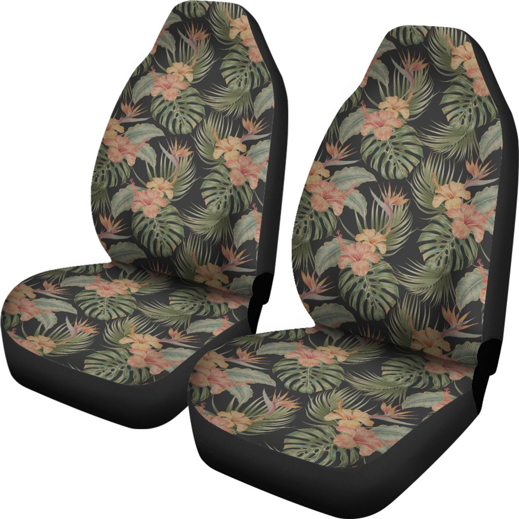 Hawaiian Tropical Hibiscus Monstera Leaf Car Seat Cover Universal Fit Black - Polynesian Pride