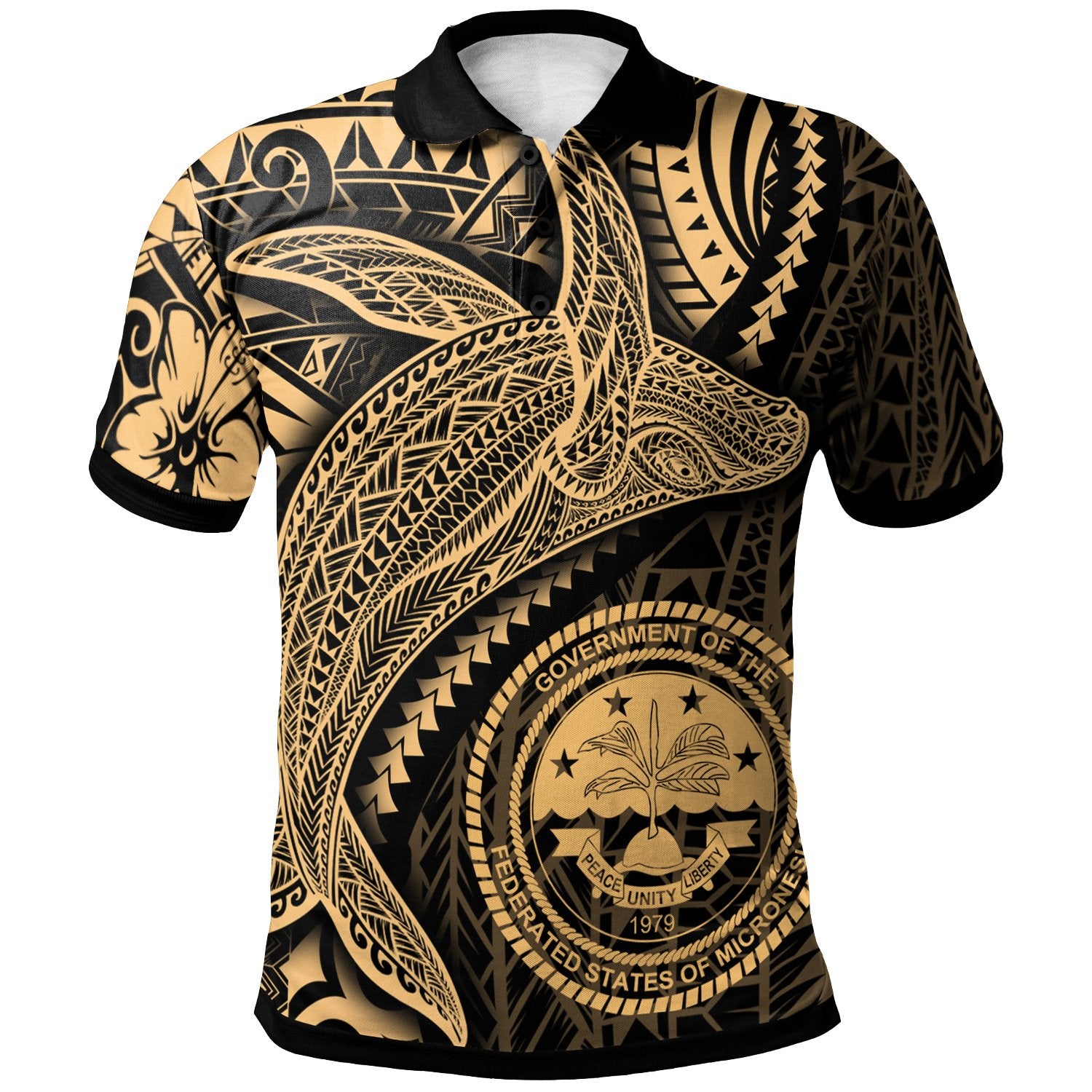 Federated States of Micronesia Polo Shirt Humpback Whale and Coat of Arms Gold Unisex Gold - Polynesian Pride