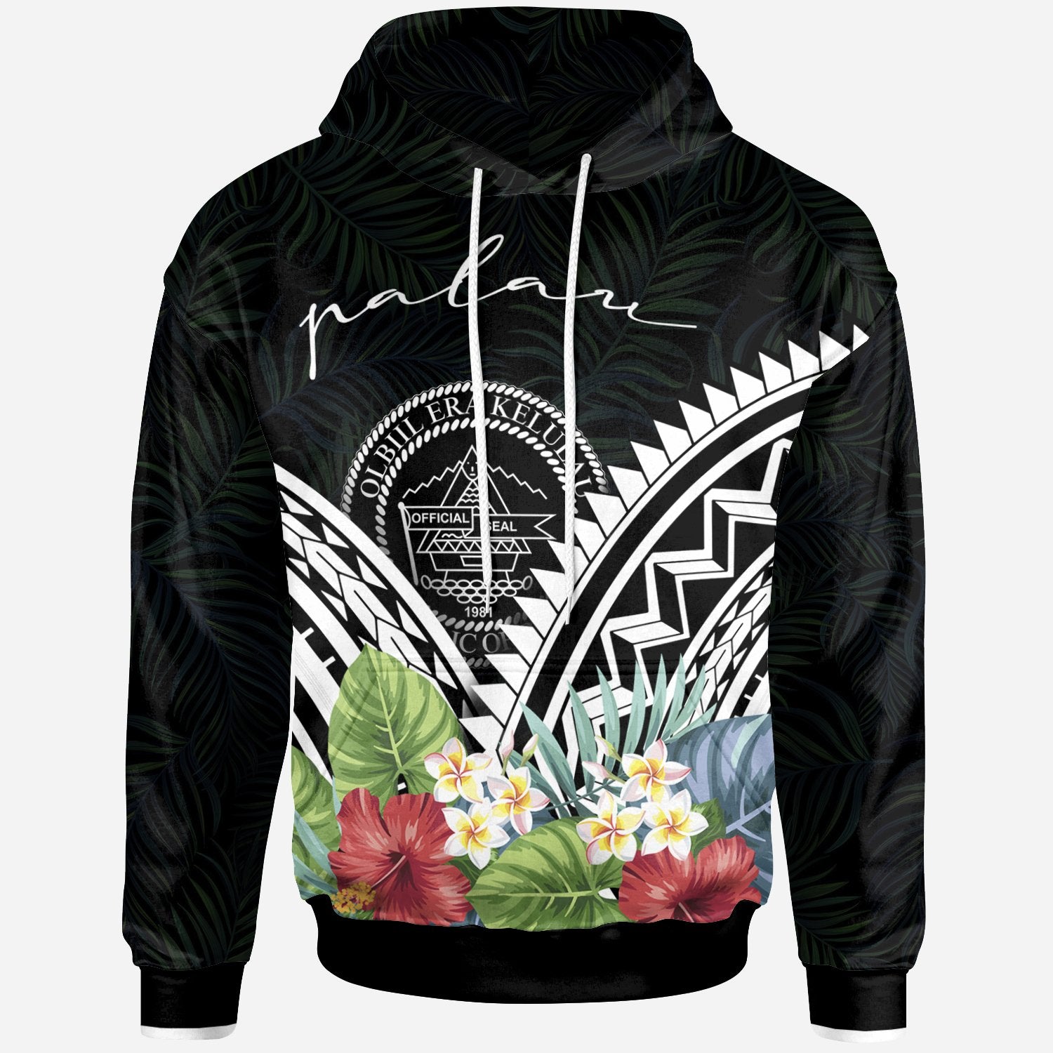 Palau Hoodie Palau Coat of Arms & Polynesian Tropical Flowers White White - Polynesian Pride