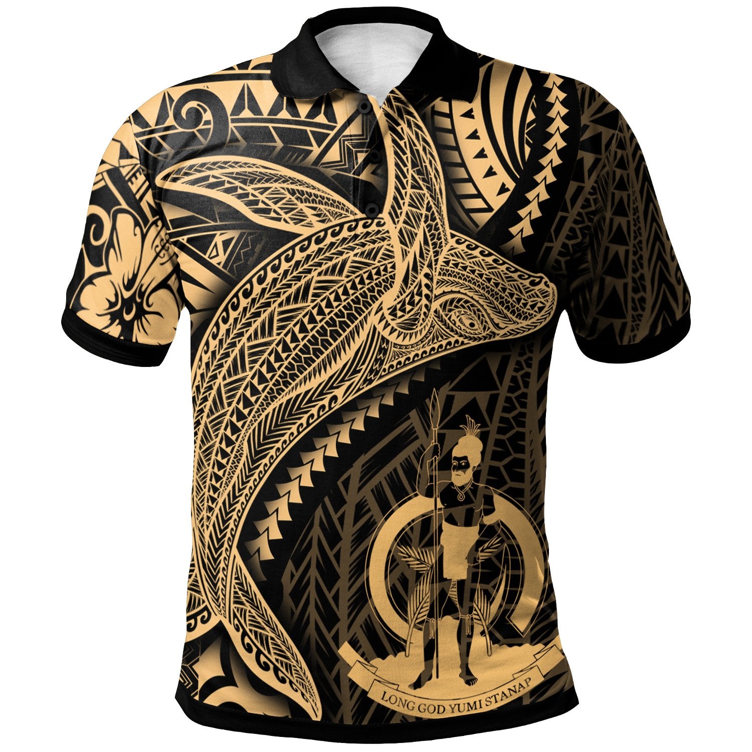 Vanuatu Polo Shirt Humpback Whale and Coat of Arms Gold Unisex Gold - Polynesian Pride