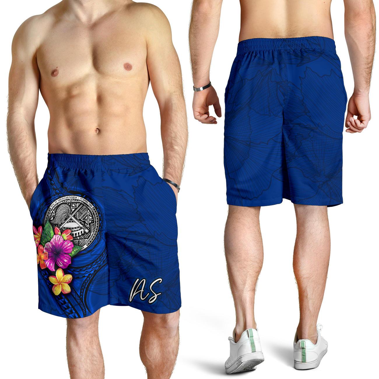 American Samoa Polynesian Men's Shorts - Floral With Seal Blue Blue - Polynesian Pride