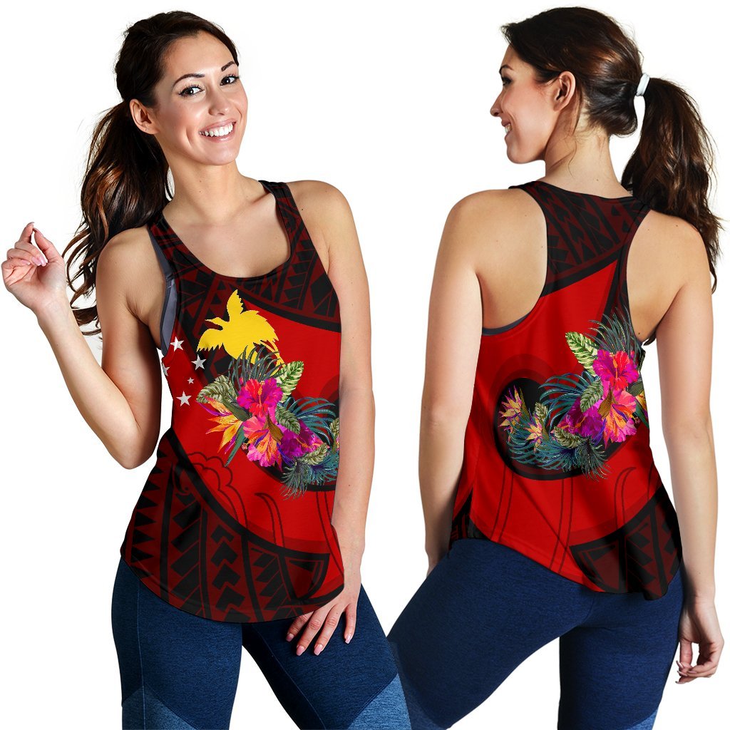 Papua New Guinea Women's Racerback Tank - Polynesian Hook And Hibiscus (Red) - Polynesian Pride