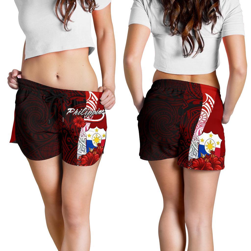 Philippines Polynesian Women's Shorts - Coat Of Arm With Hibiscus Women Red - Polynesian Pride