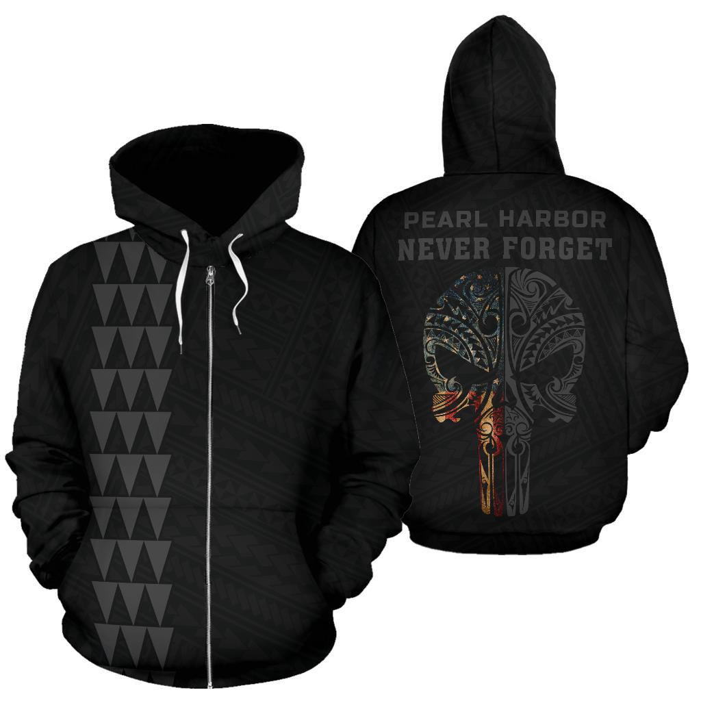 Polynesian Kakau Skull National Pearl Harbor Remembrance Day Hawaii Zip Hoodie Grey Unisex Grey - Polynesian Pride