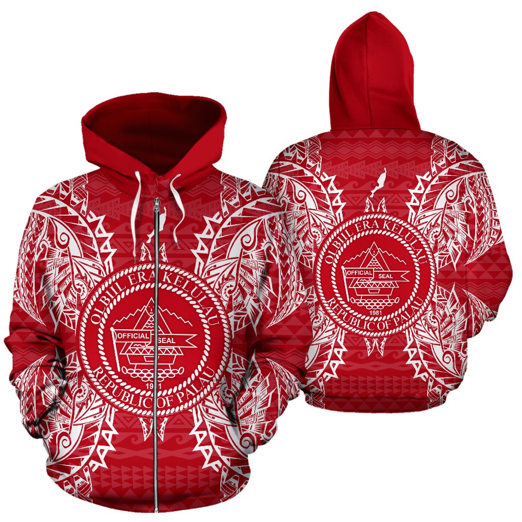 Palau Polynesian All Over Zip up Hoodie Map Red White Unisex Red - Polynesian Pride