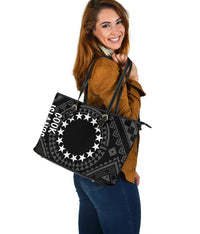 Cook Island Large Leather Tote Bag - Seal With Polynesian Tattoo Style ( Black) - Polynesian Pride