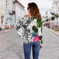 Chuuk Custom Personalised Women's Off Shoulder Sweater White - Turtle Plumeria Banana Leaf - Polynesian Pride