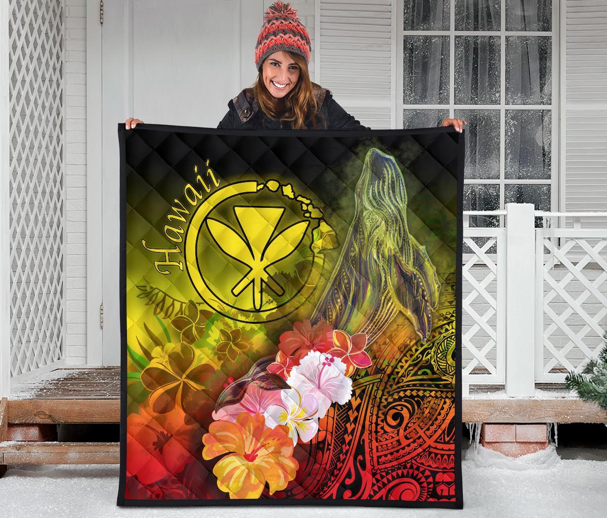 Polynesian Hawaii Premium Quilt - Kanaka Maoli Humpback Whale with Tropical Flowers (Yellow) - Polynesian Pride