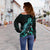 Palau Polynesian Women's Off Shoulder Sweater - Turtle With Blooming Hibiscus Turquoise - Polynesian Pride