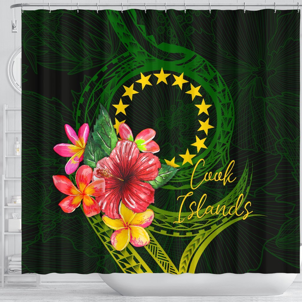 Cook Islands Polynesian Shower Curtain - Floral With Seal Flag Color - Polynesian Pride