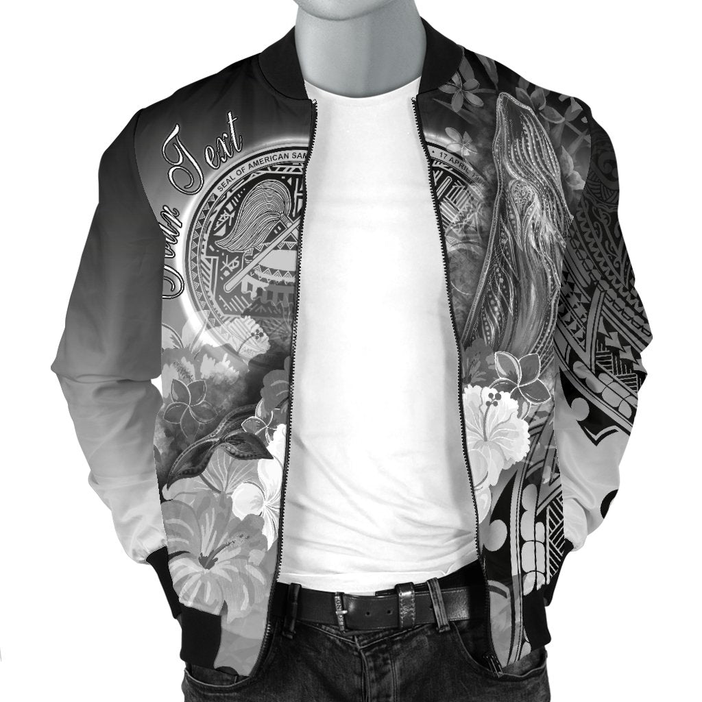 American Samoa Polynesian Custom Personalised Men's Bomber Jacket - Humpback Whale with Tropical Flowers (White) - Polynesian Pride