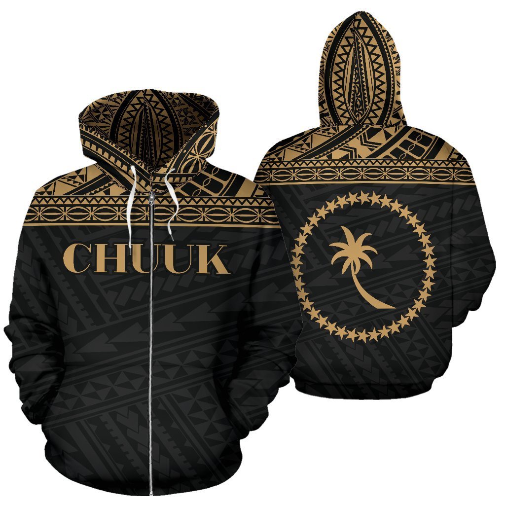 Chuuk State All Over Zip up Hoodie Gold Version Unisex Black - Polynesian Pride
