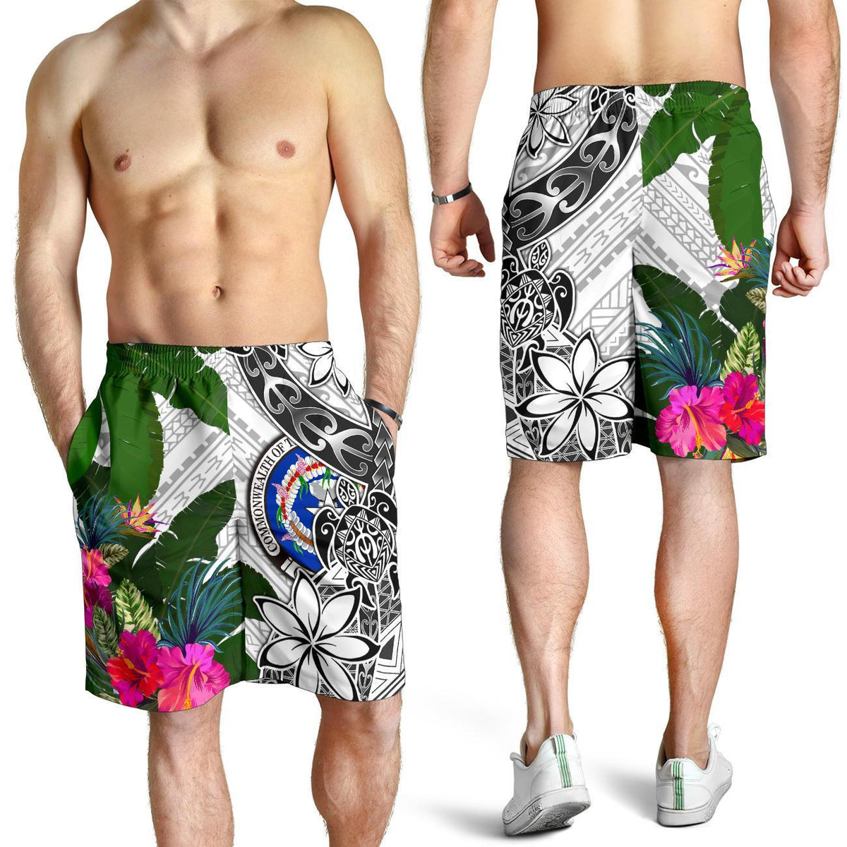 Northern Mariana Islands Men's Short White - Turtle Plumeria Banana Leaf - Polynesian Pride