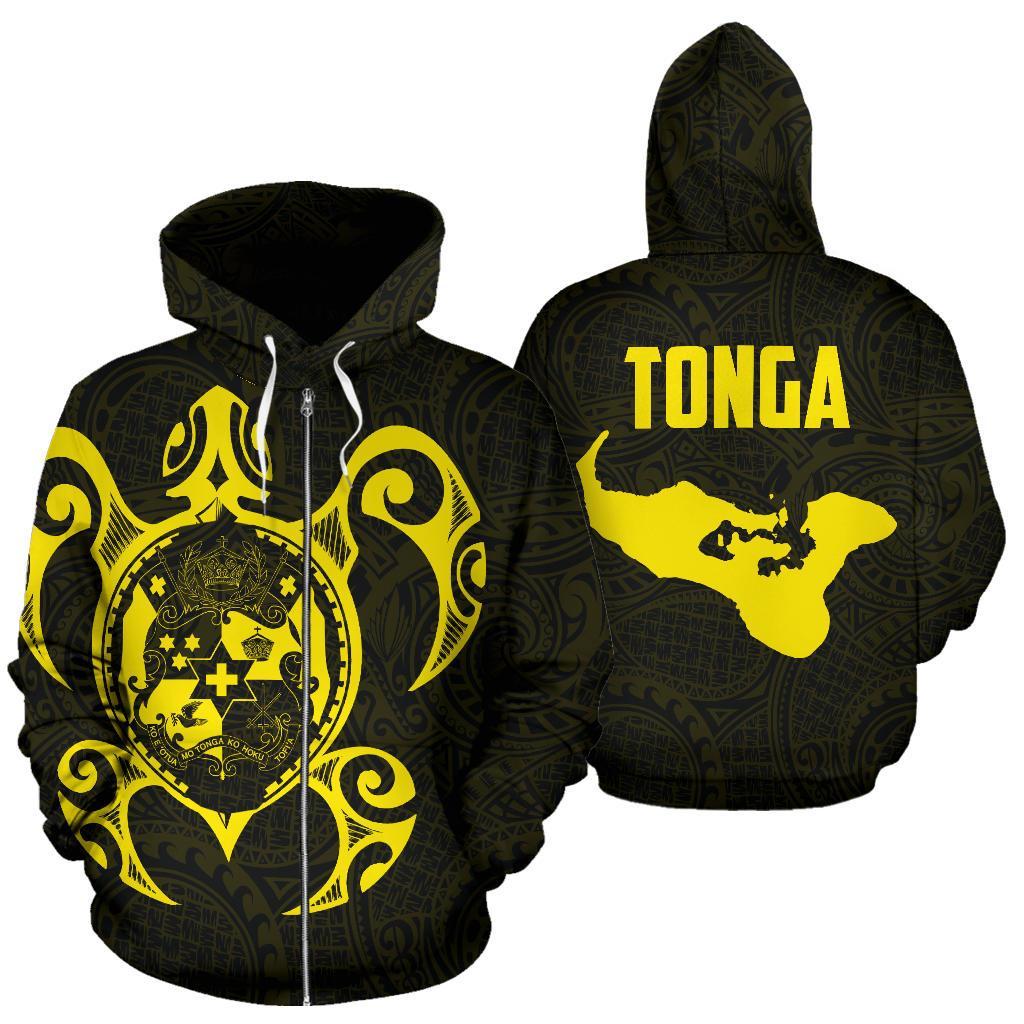 Tonga Polynesian Zip up Hoodie Tonga Coat of Arms In Turtle Map Yellow Unisex Yellow - Polynesian Pride