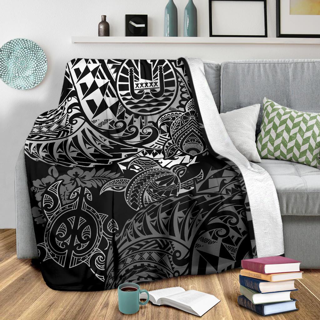 Tahiti Polynesian Premium Blanket - White Turtle Hibiscus Flowing - Polynesian Pride