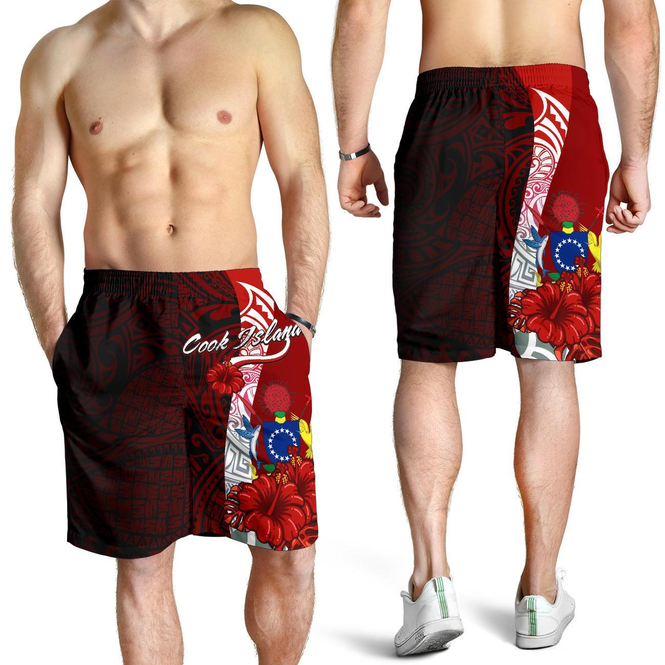 Cook Islands Polynesian Custom Personalised Men's Shorts - Coat Of Arm With Hibiscus Red - Polynesian Pride