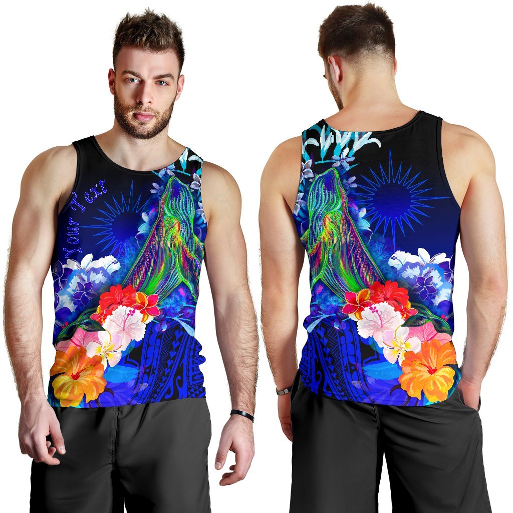 Marshall Islands Custom Personalised Men's Tank Top - Humpback Whale with Tropical Flowers (Blue) Blue - Polynesian Pride