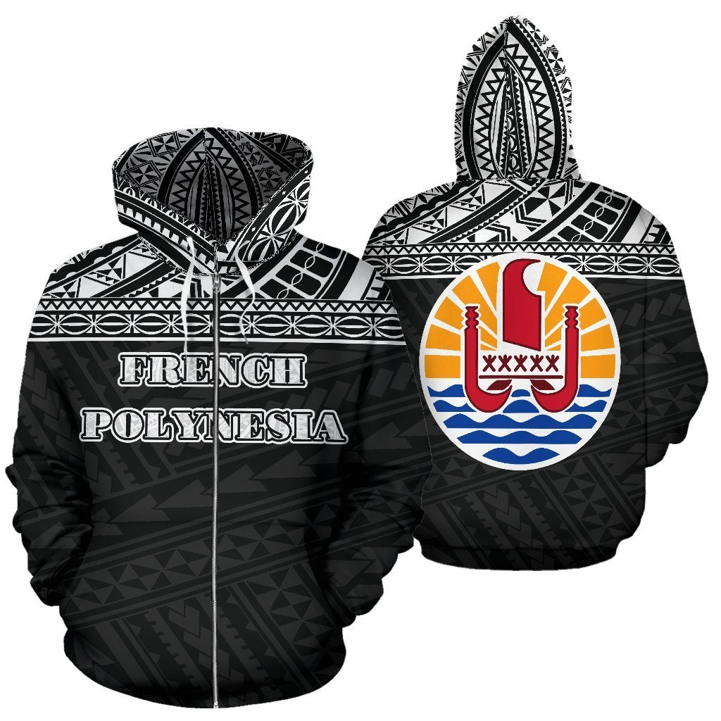 French Polynesia All Over Zip up Hoodie Polynesain Black Version Unisex White - Polynesian Pride