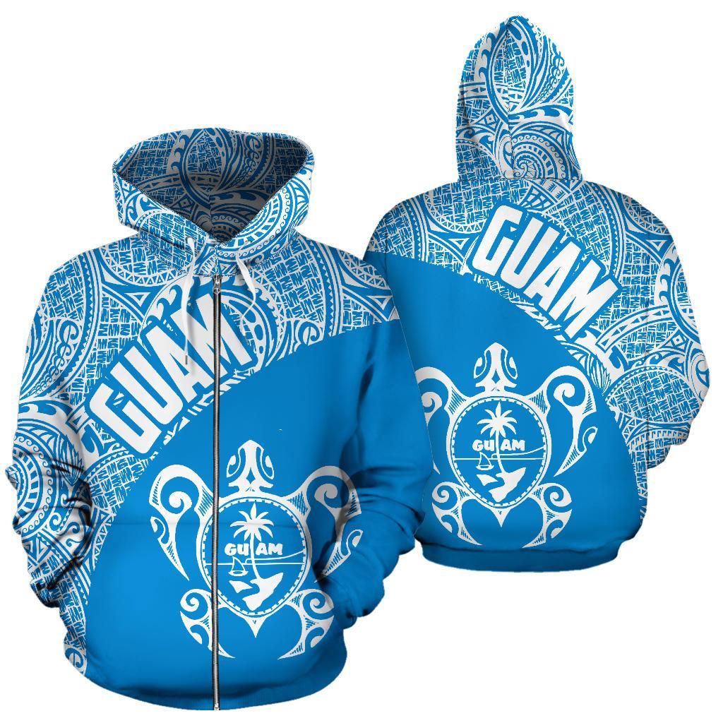 Guam Zip up Hoodie Guam Coat of Arm In Turtle Polynesian Tattoo Blue White Unisex Black - Polynesian Pride