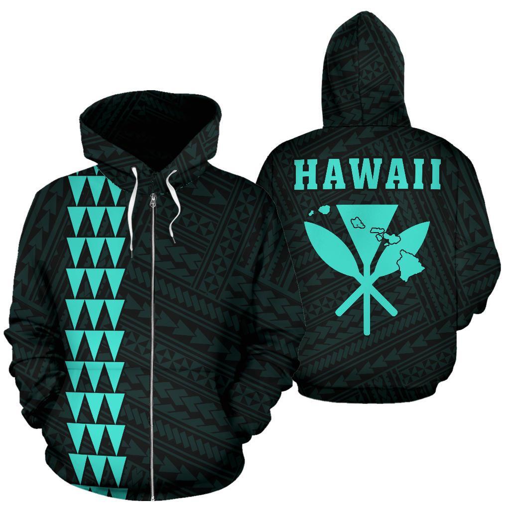 Polynesian Kakau Kanaka Maoli Map of Hawaii Zip Hoodie Turquoise Unisex Turquoise - Polynesian Pride