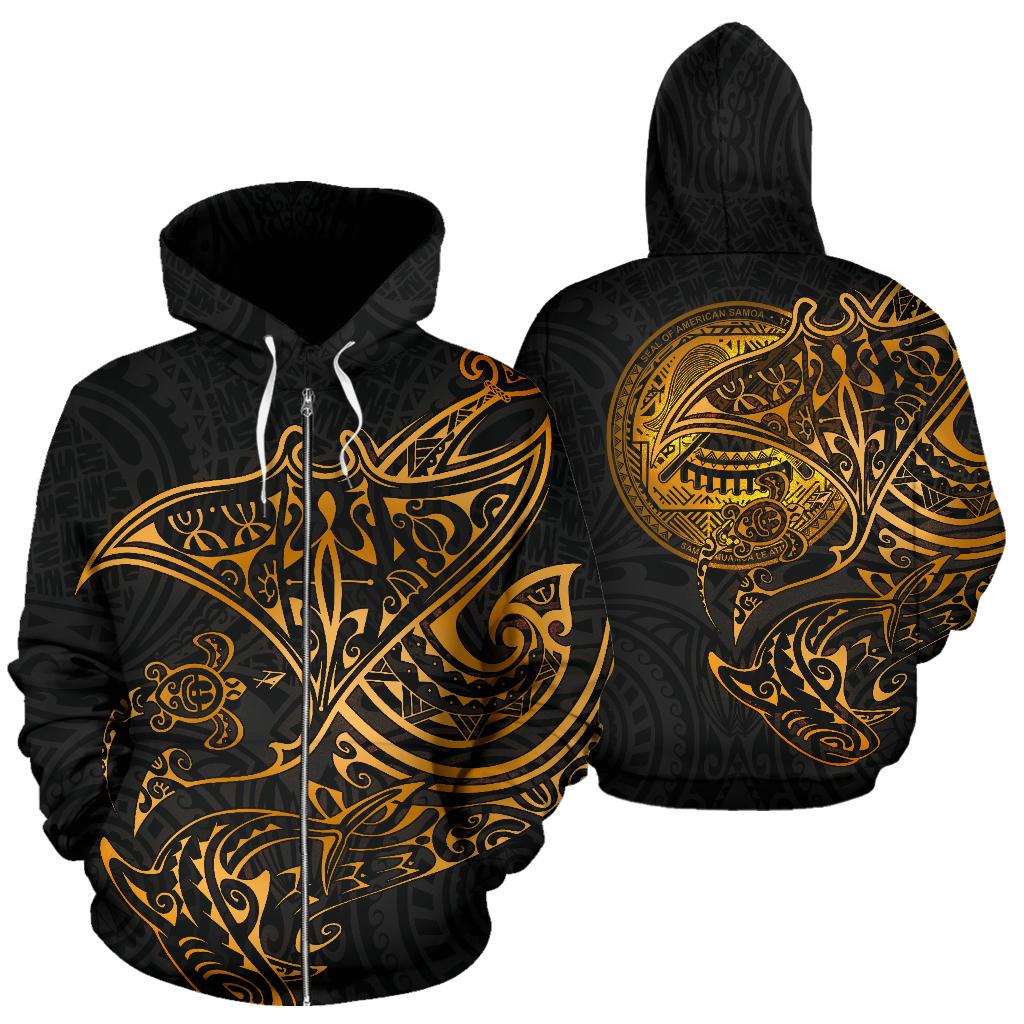 American Samoa Polynesian Zip up Hoodie Gold Turtle Shark Manta Unisex GOLD - Polynesian Pride