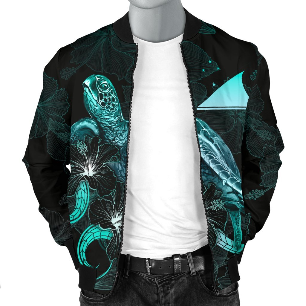 Tokelau Polynesian Men's Bomber Jacket - Turtle With Blooming Hibiscus Turquoise - Polynesian Pride