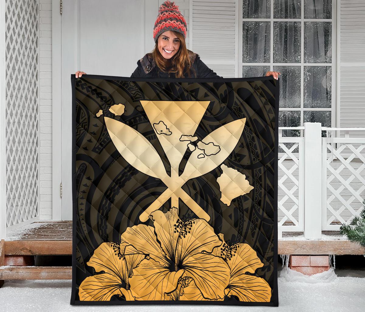 Hawaiian Kanaka Premium Quilt Hibiscus Polynesian Love Gold - Polynesian Pride