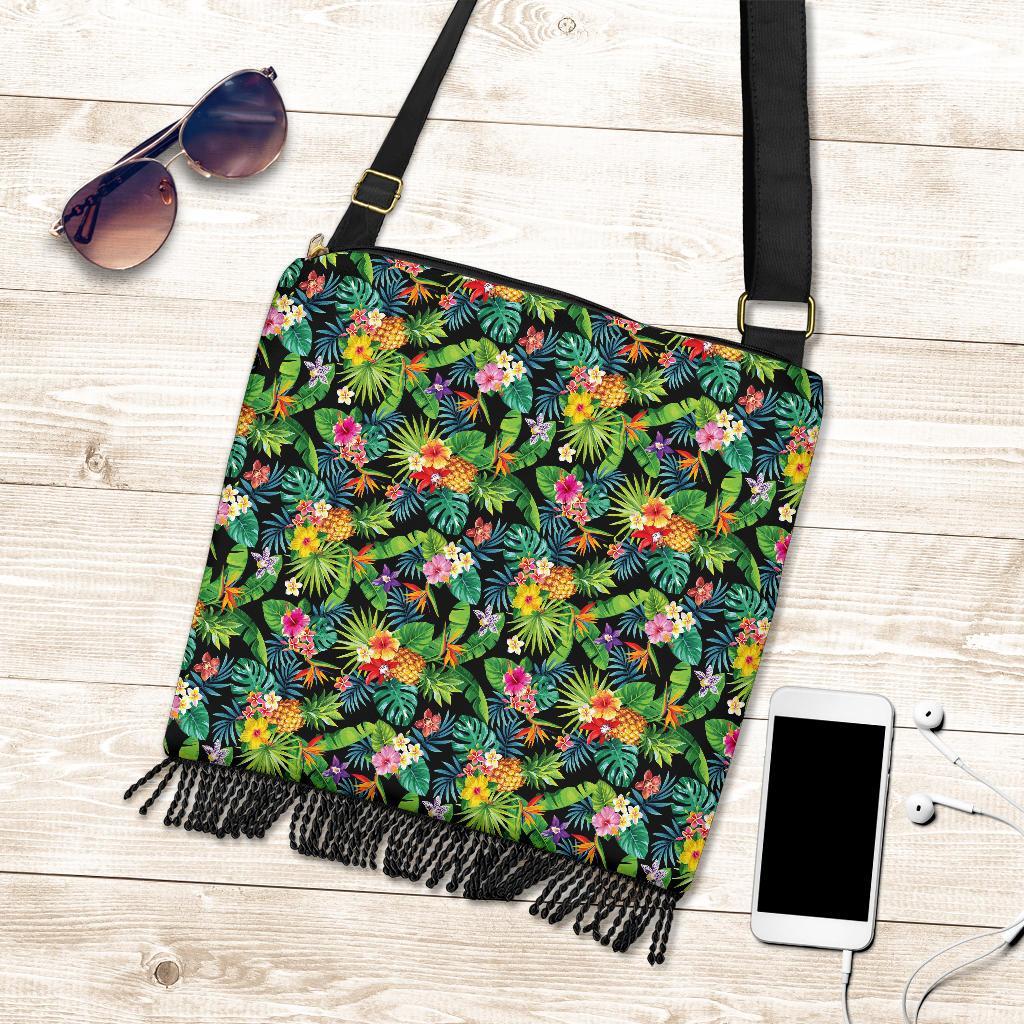Hawaii Tropical Pattern With Pineapples, Palm Leaves And Flowers. Crossbody Boho Handbag - Polynesian Pride