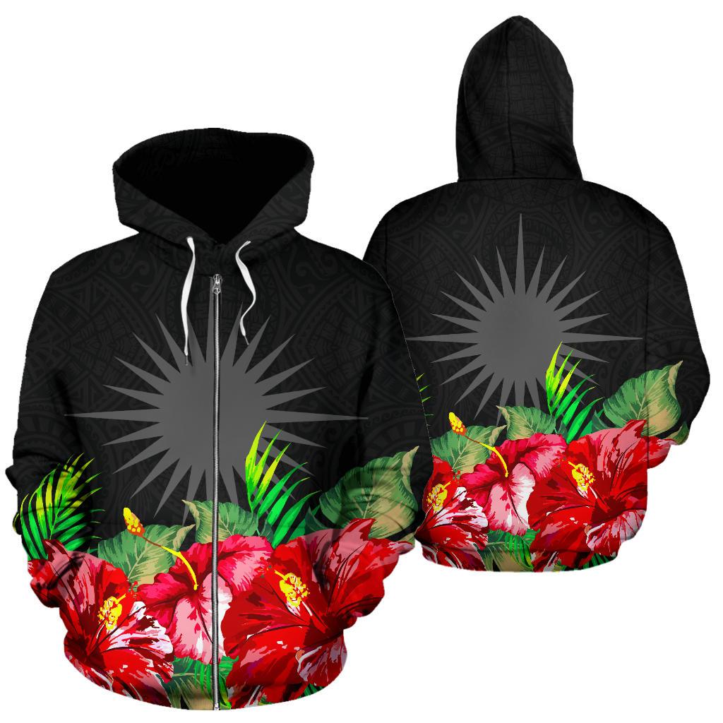 Marshall Islands Polynesian Zip Hoodie Black Hibiscus Unisex Black - Polynesian Pride