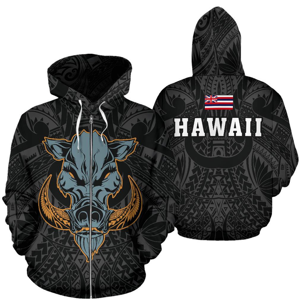 Polynesian Kamapuaa Flag of Hawaii Zip Hoodie White Hawaiian Mythology Style Unisex White - Polynesian Pride