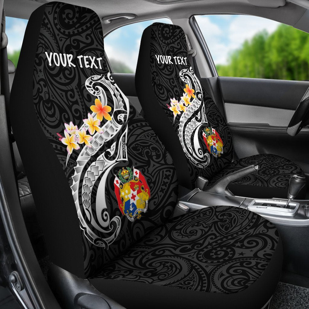 Tonga Custom Personalised Car Seat Covers - Tonga Seal Polynesian Patterns Plumeria (Black) - Polynesian Pride