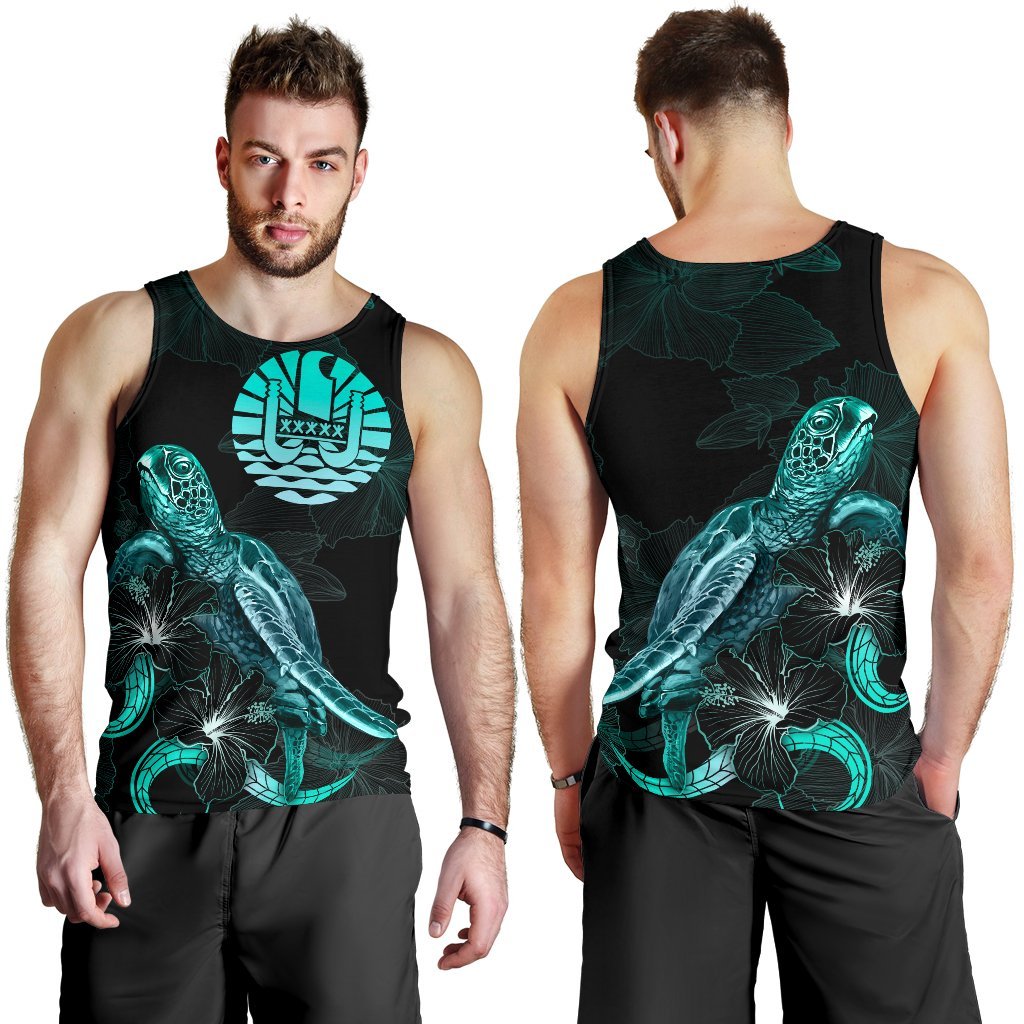 Tahiti Polynesian Men Tank Top - Turtle With Blooming Hibiscus Tuquoise - Polynesian Pride
