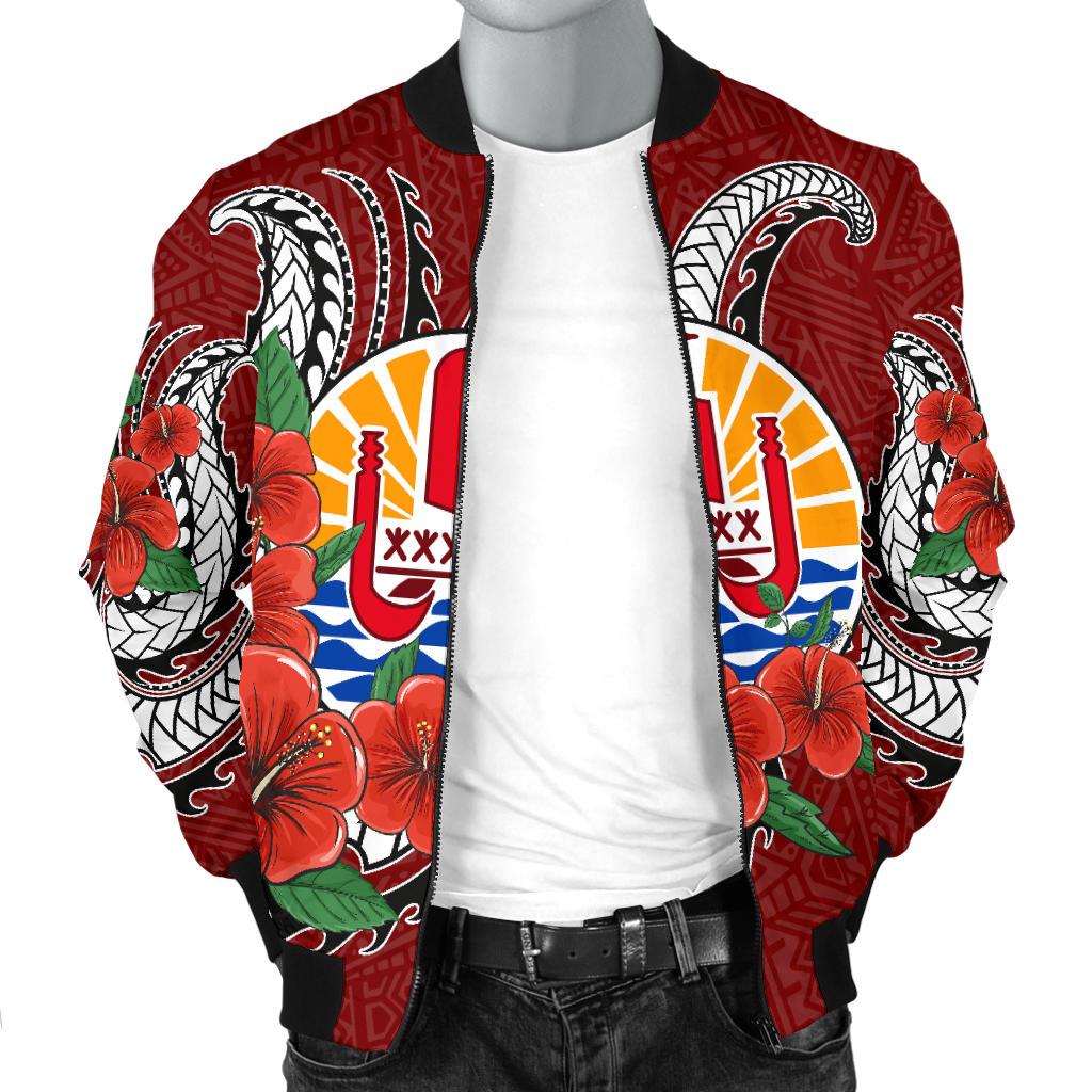 Tahiti Polynesian Men Bomber Jacket - Hibiscus Coat of Arm Red - Polynesian Pride