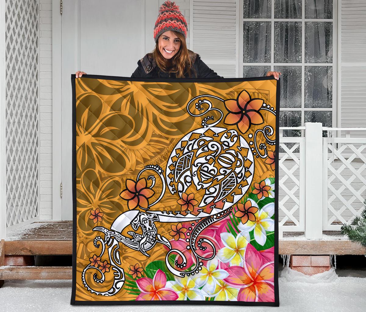 Polynesian Premium Quilt - Turtle Plumeria Gold Color - Polynesian Pride