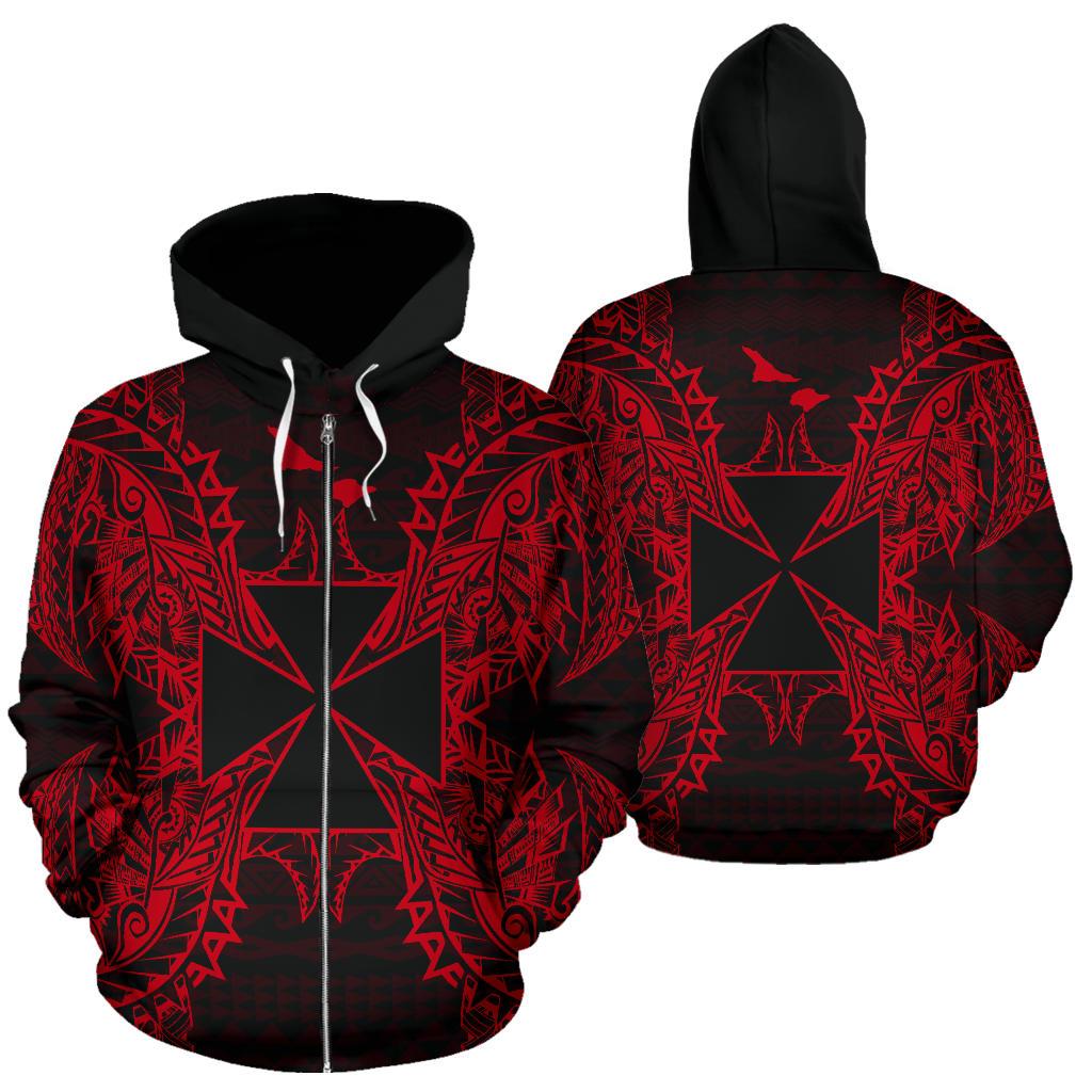 Wallis and Futuna Polynesian All Over Zip up Hoodie Map Red Unisex Red - Polynesian Pride