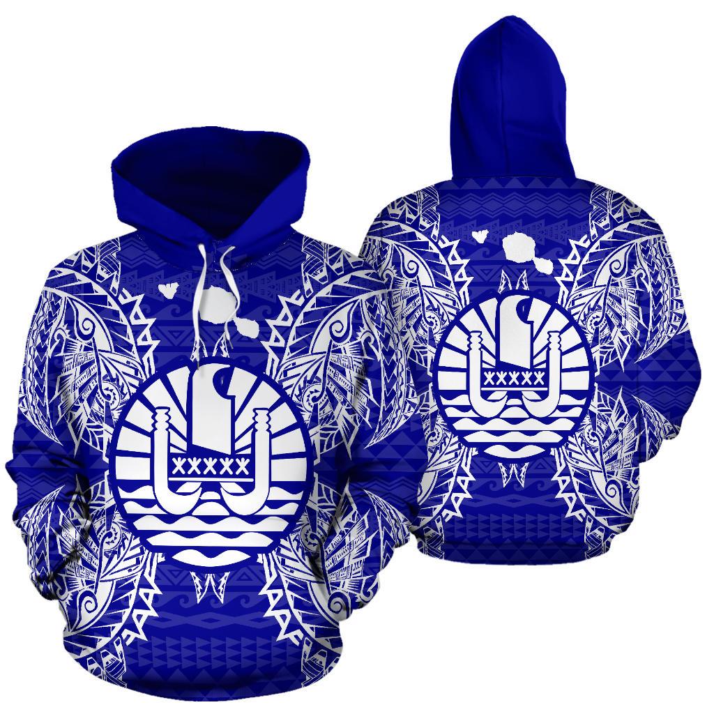 French Polynesia Polynesian ll Over Hoodie Map Blue Unisex Blue - Polynesian Pride